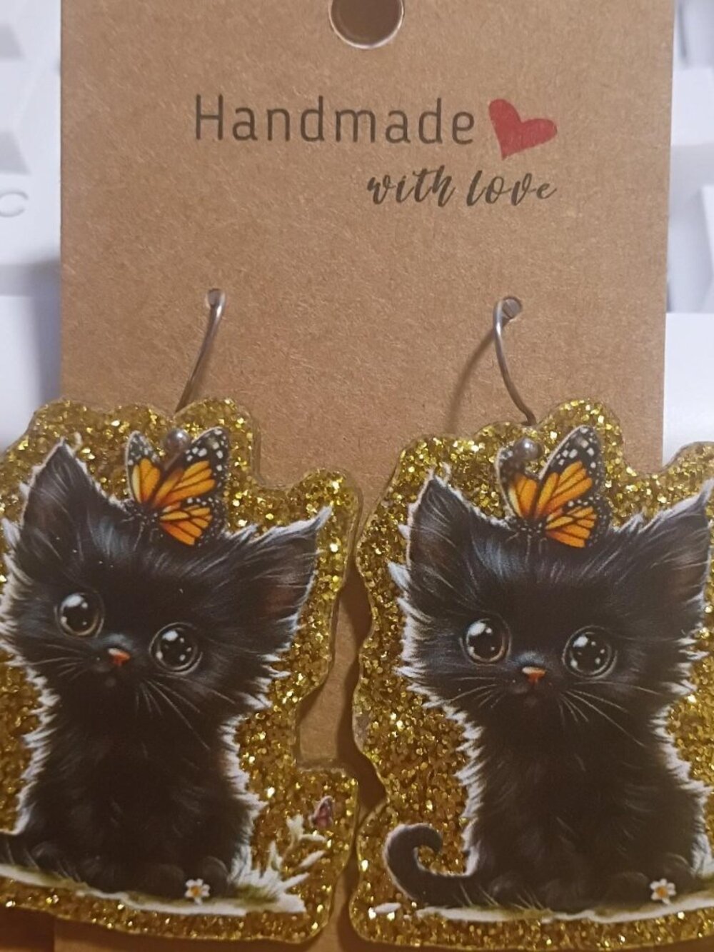Gold Glitter Spooky Black Kitten Cat Fashion Earrings